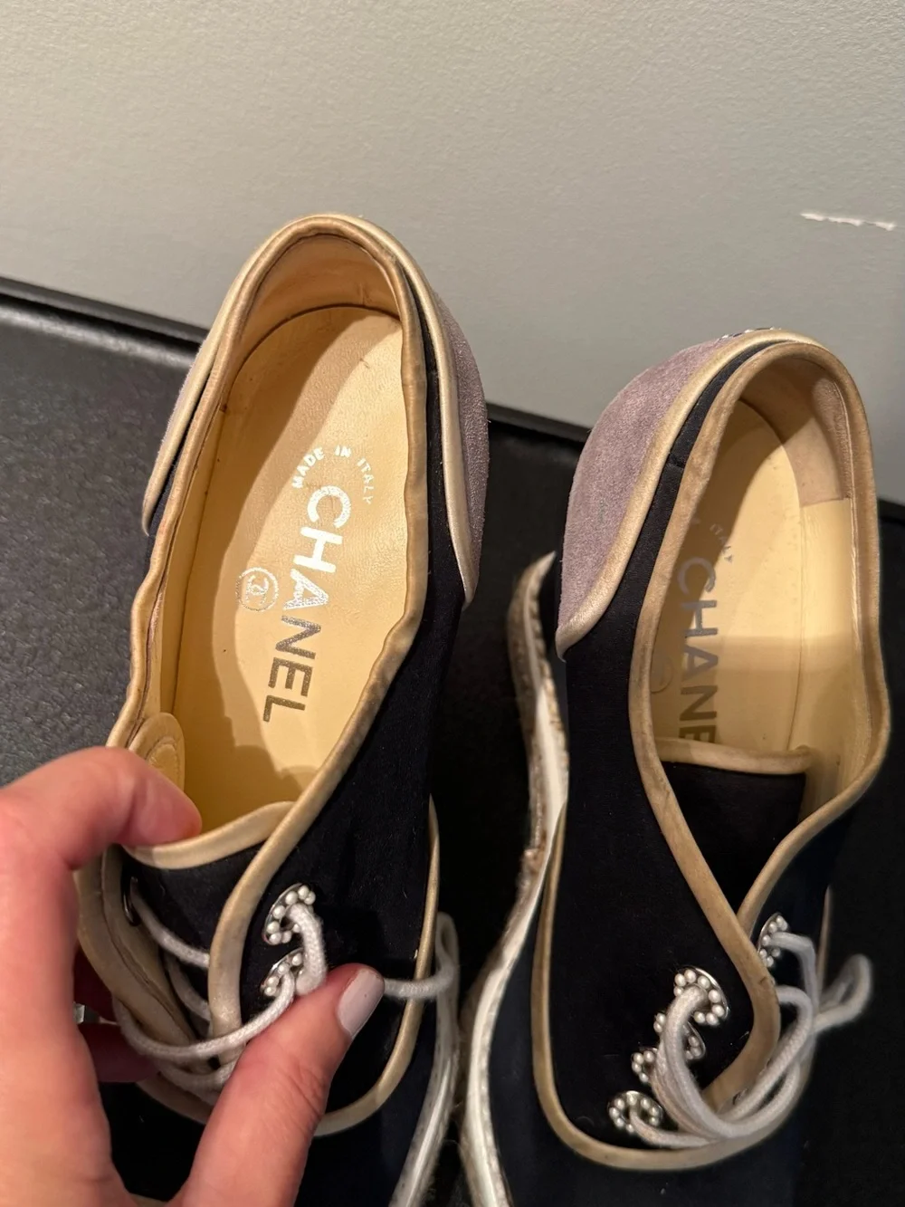 CHANEL Black Espadrille Lace-Up Platform Shoes with Beige Trim